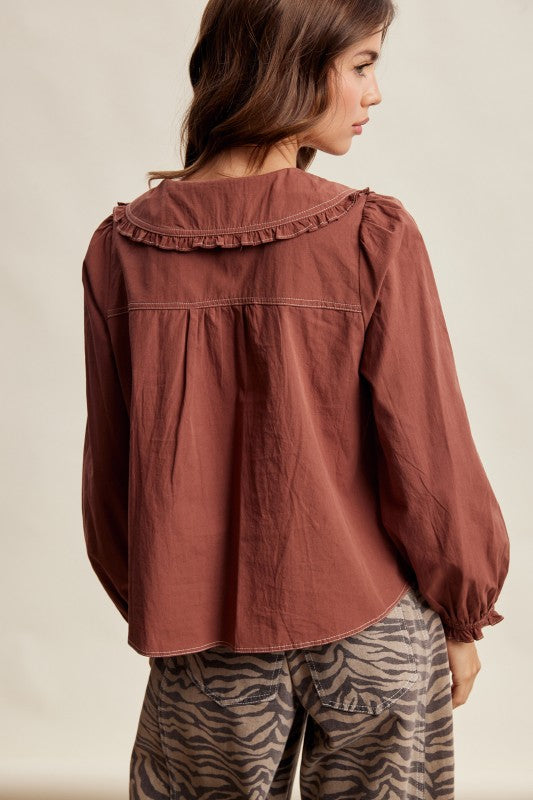 Contrast Stitch Peter Pan Collar Top in Terracotta