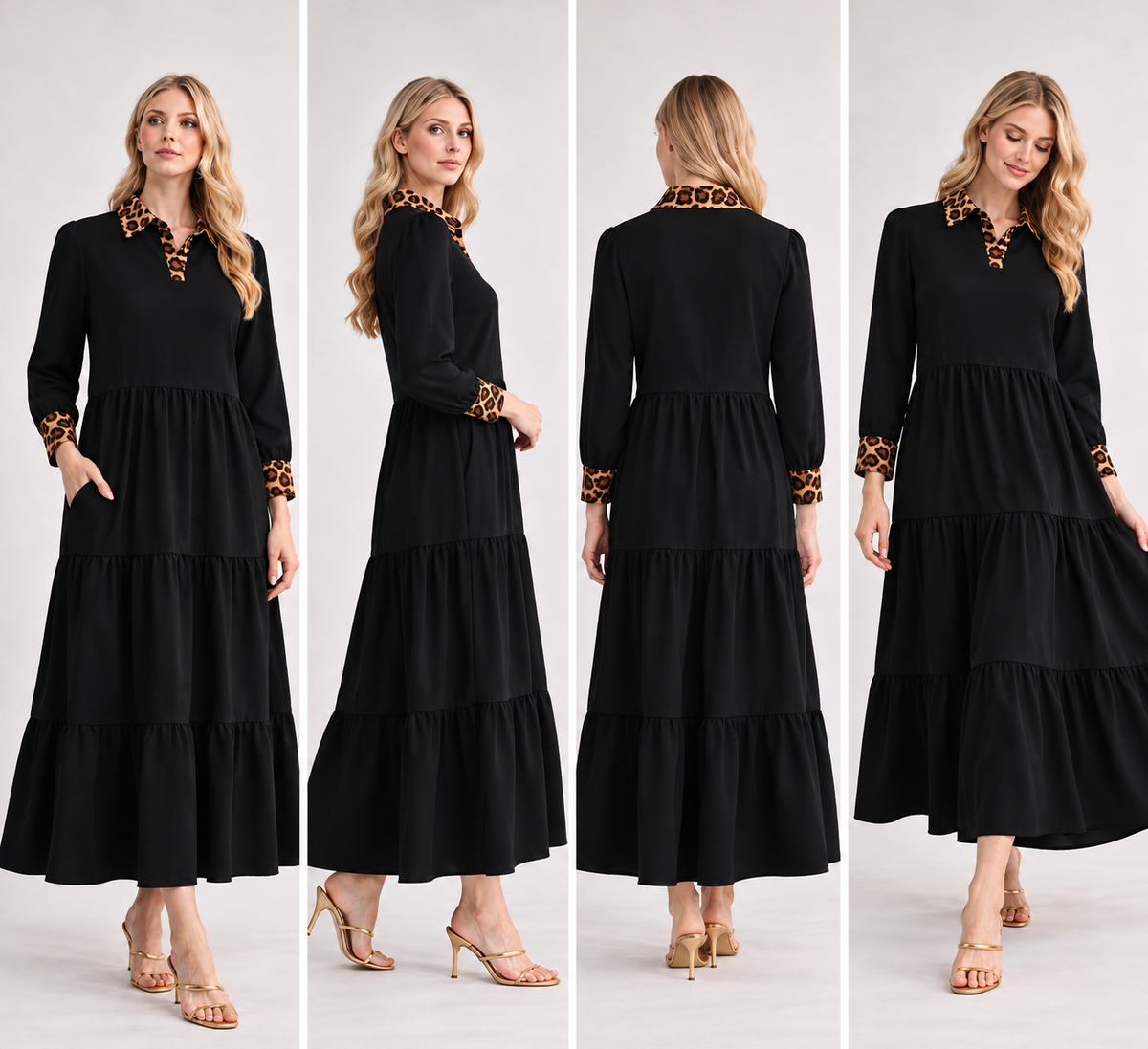 Modest tiered maxi dress with leopard details