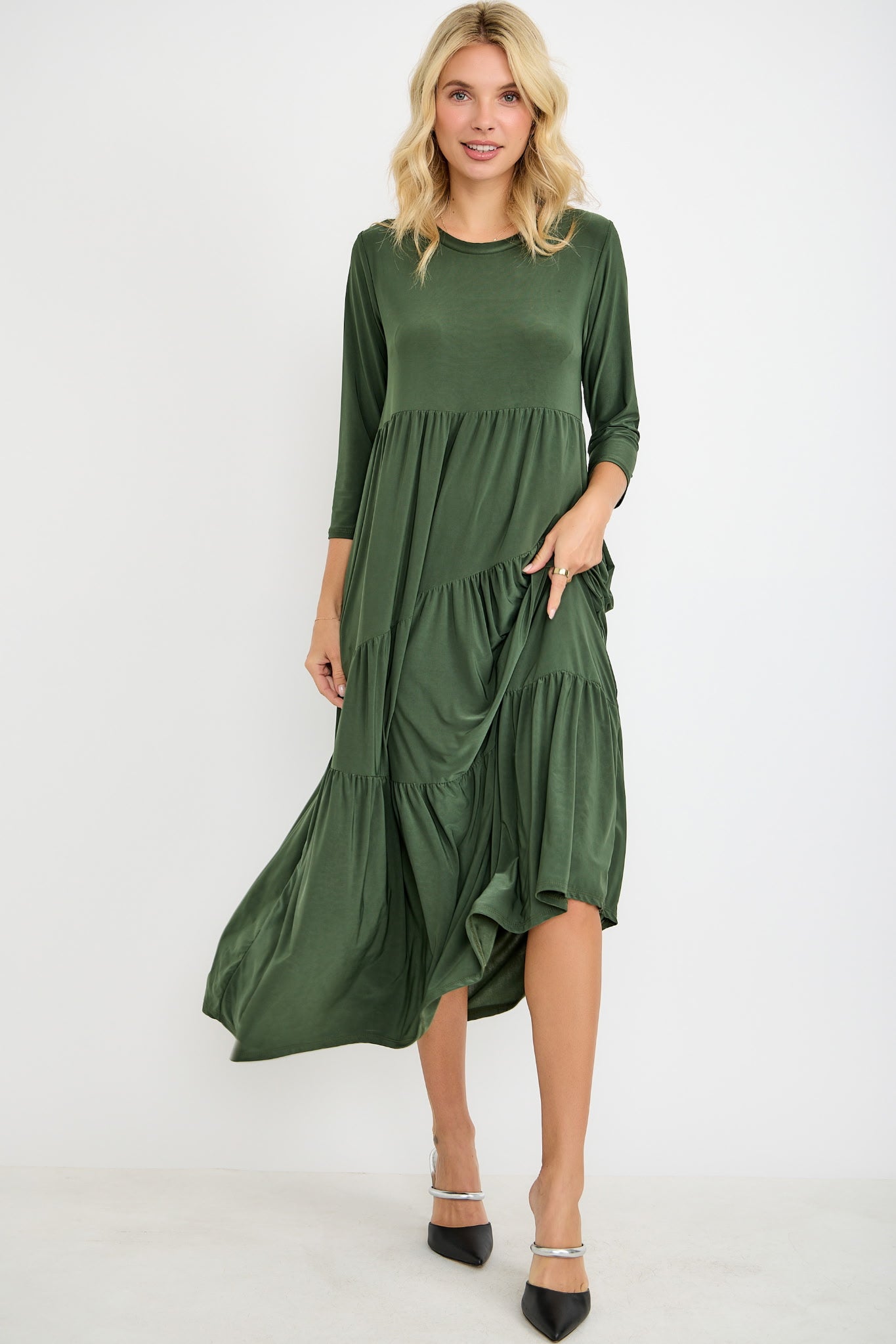 3/4 Sleeve Asymmetrical Tiered Dress In Assorted Fall Colors