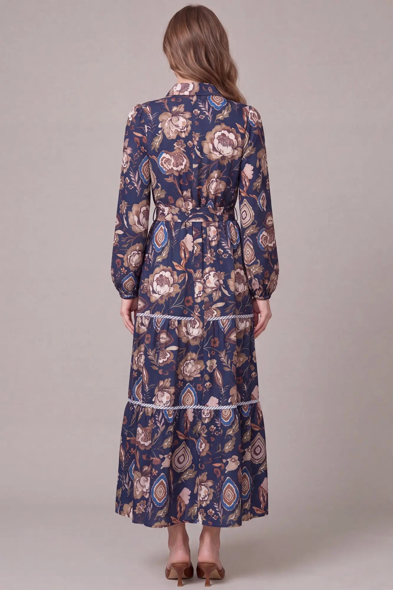 Long Sleeve Button-Down Paisley Tiered Print Maxi Dress - Navy