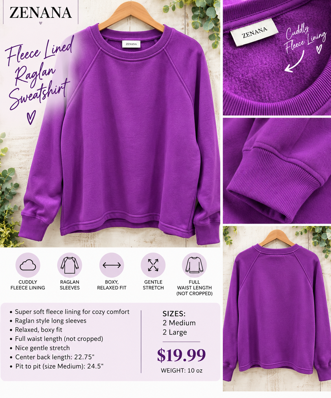 Purple raglan sweatshirt back and sleeve details