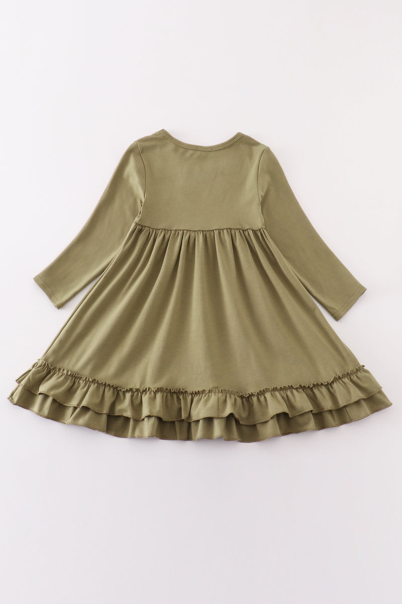 Girls ruffle dress with long sleeves by Abby & Evie in orange, perfect for 12-month-old girls, featuring a charming ruffle design.