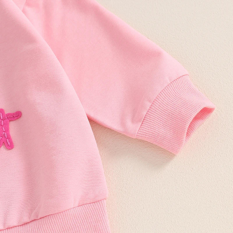 Toddler girls big sister beige long sleeve crewneck pullover top with letter embroidery, loose fit, by August + Willow.