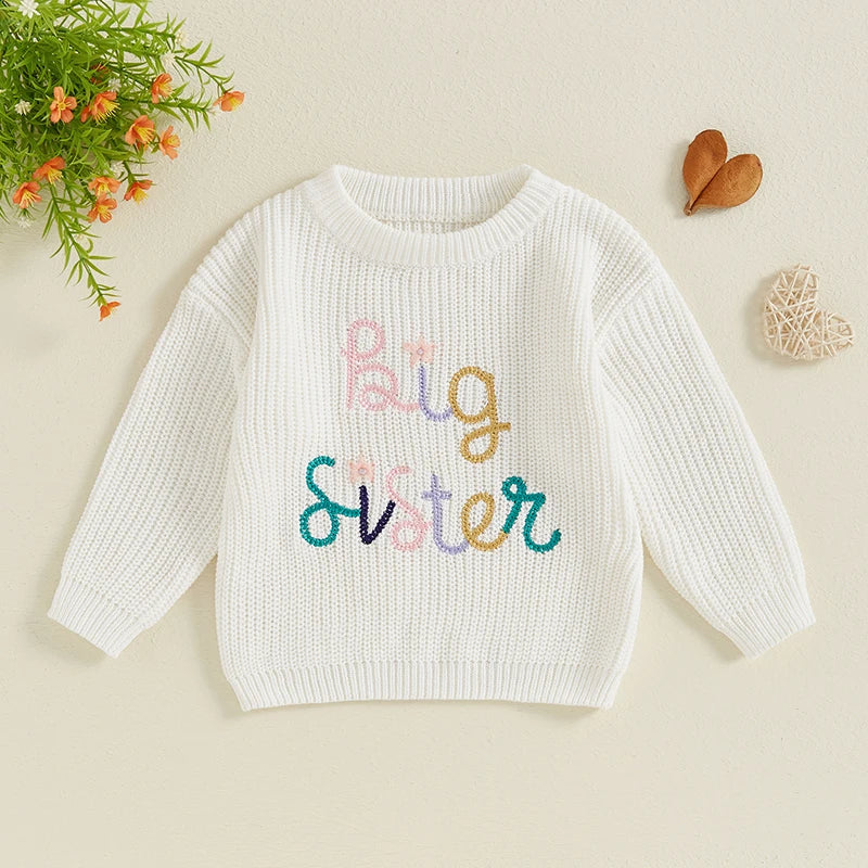 Baby girl fall winter sweater with floral embroidery and letter design, casual crew neck long sleeve pullover by August + Willow.