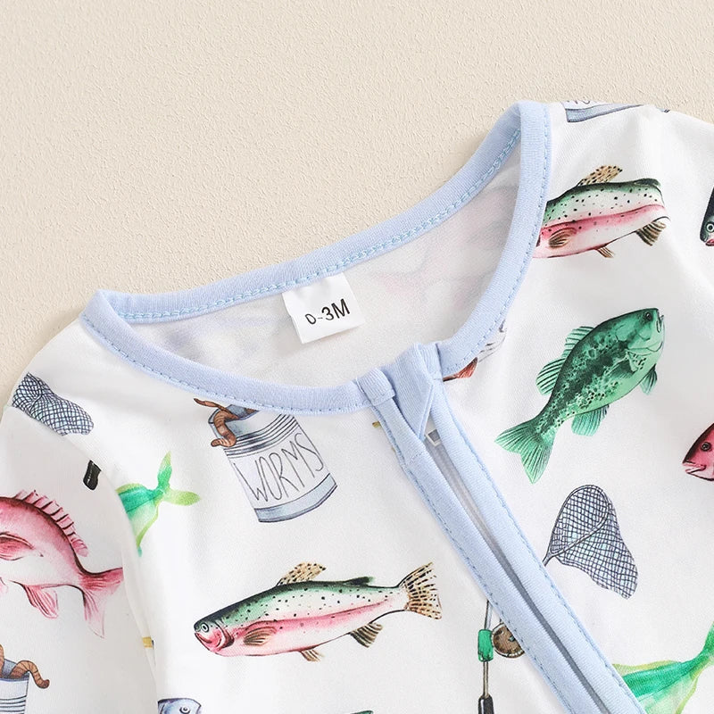 Baby boy and girl autumn casual romper by August + Willow featuring long sleeves, fish print, crew neck, and zipper jumpsuit.