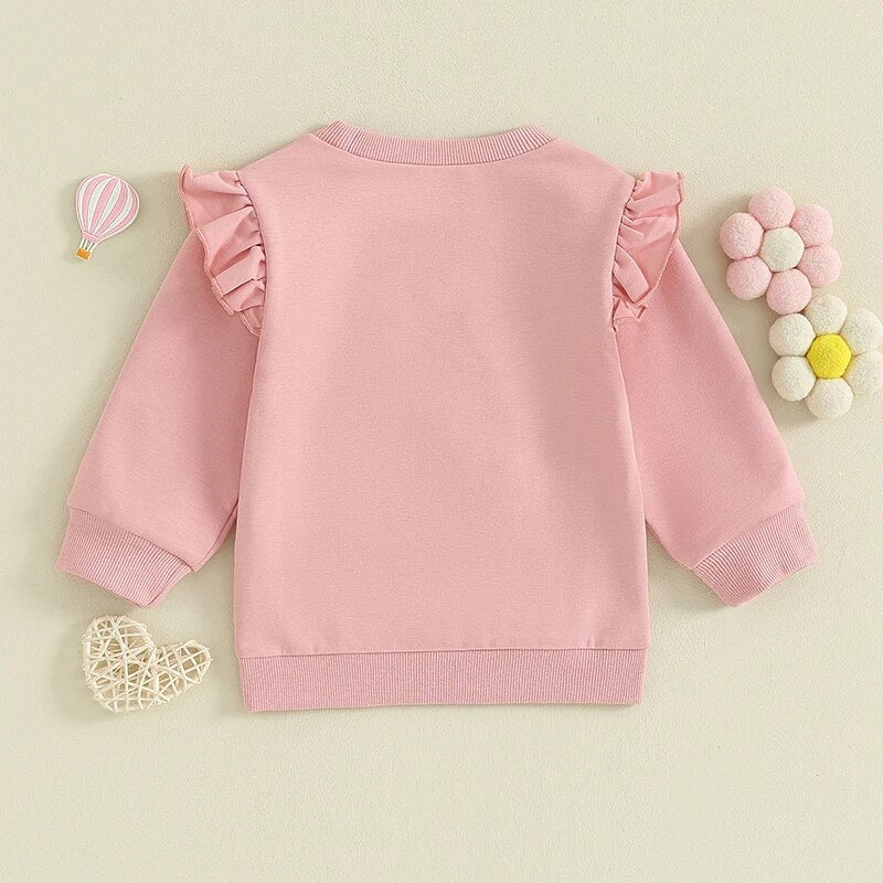 Baby and toddler girls matching big sister and little sister ruffle sleeve long sleeve rompers in crewneck tops by August + Willow.