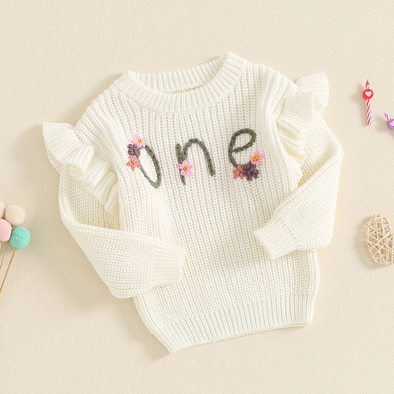 Baby girl birthday sweater by August + Willow with floral embroidery, long sleeves, and warm knit fabric for 12-18 months.