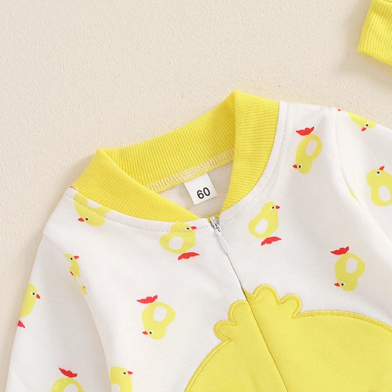 Baby boy and girl 2-piece duck outfit set with long sleeve jumpsuit, footed design, and matching duck hat in white for 3-6 months.