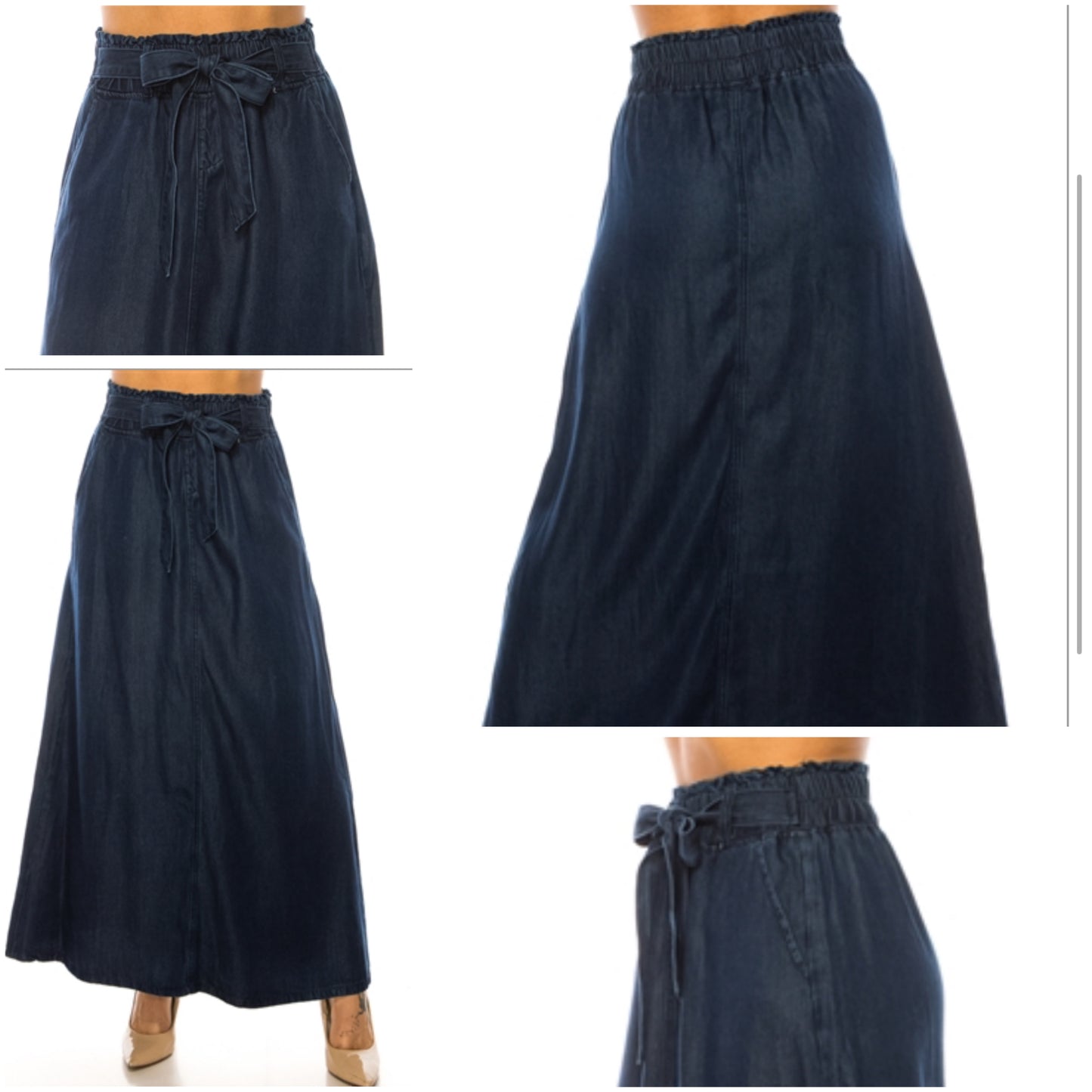 Be-Girl dark denim maxi skirt with elastic sack waist, flowing style, and full-length design, shown on a model.