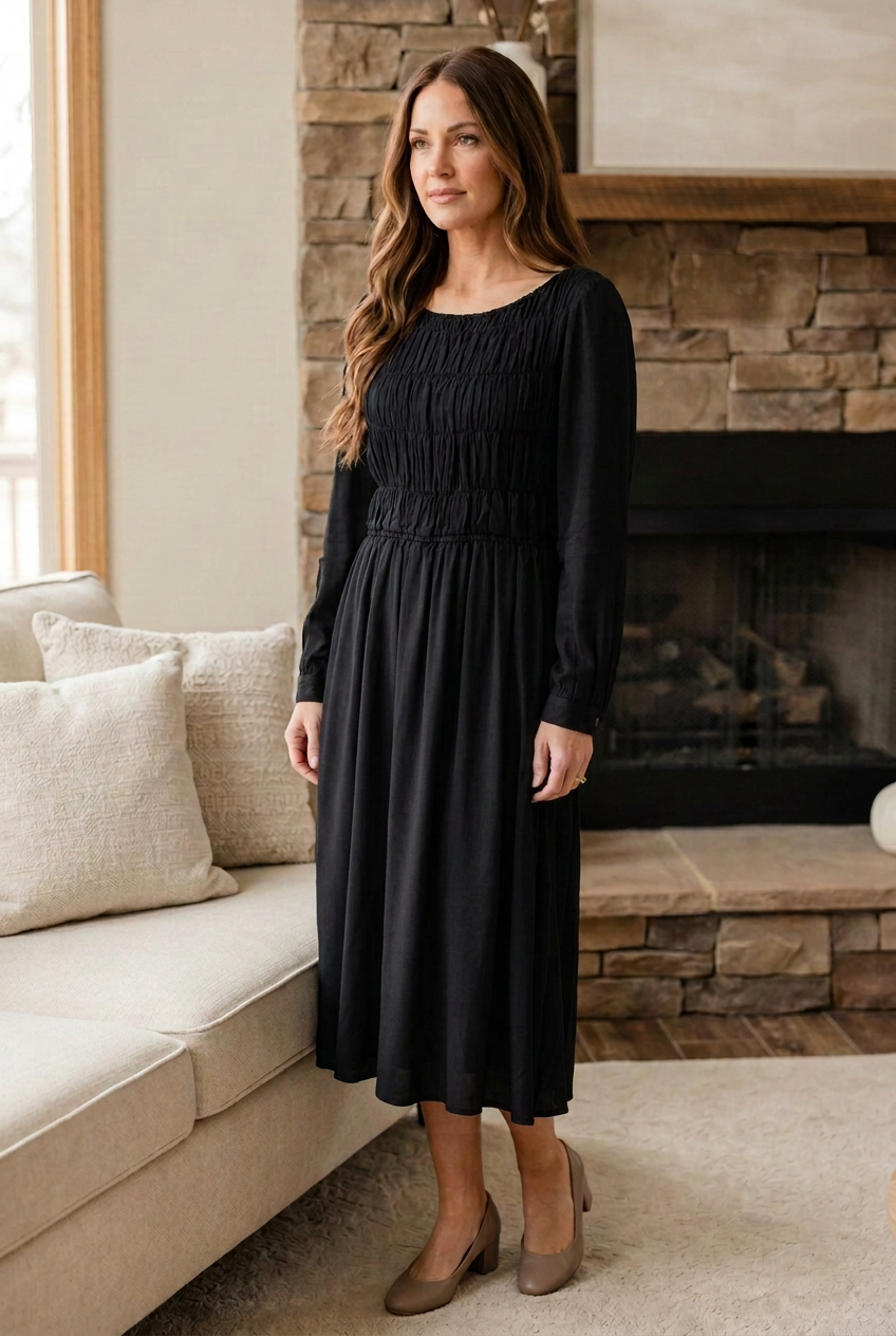 Black Smocked Long Sleeve Midi Dress