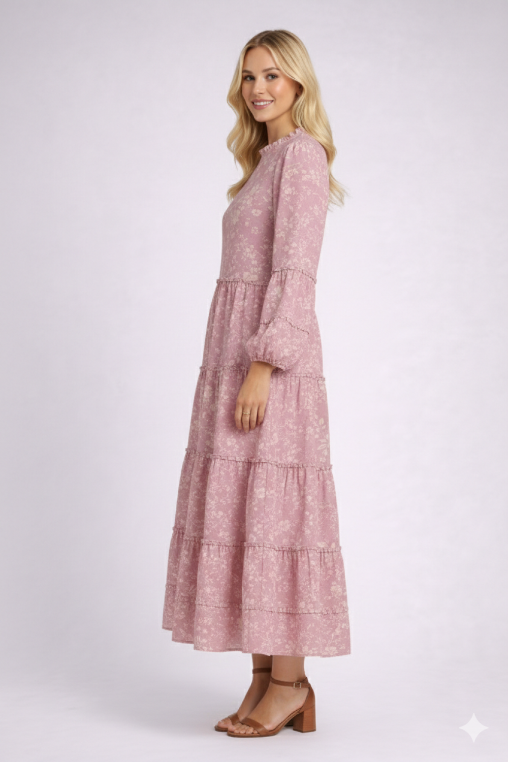 Celeste Clothing mauve floral tiered dress with pockets, featuring a modest design and versatile style for various occasions.