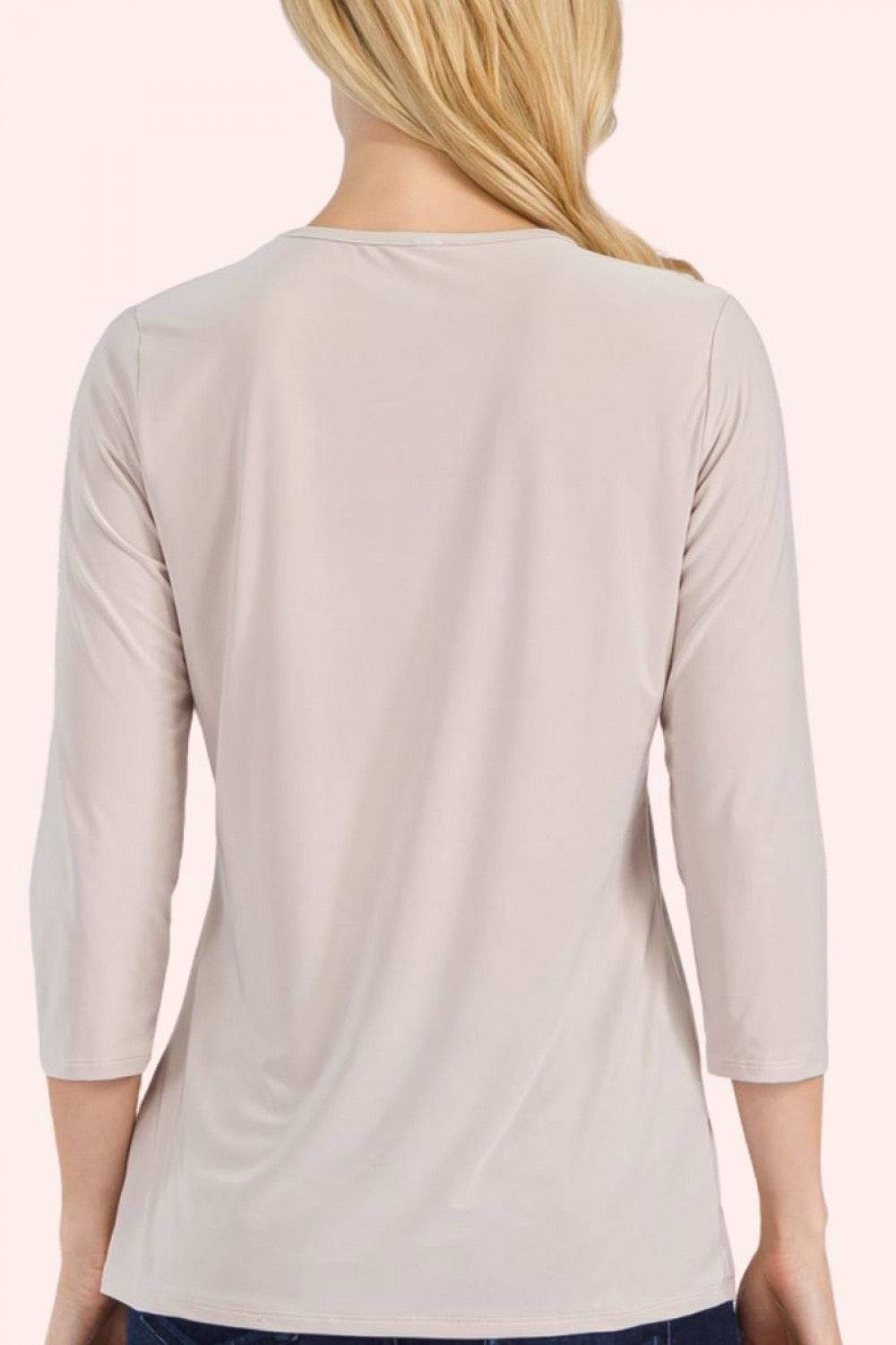 Celeste Clothing modest solid color layering top with 3/4 sleeves in stone, perfect for versatile, modest fashion styling.