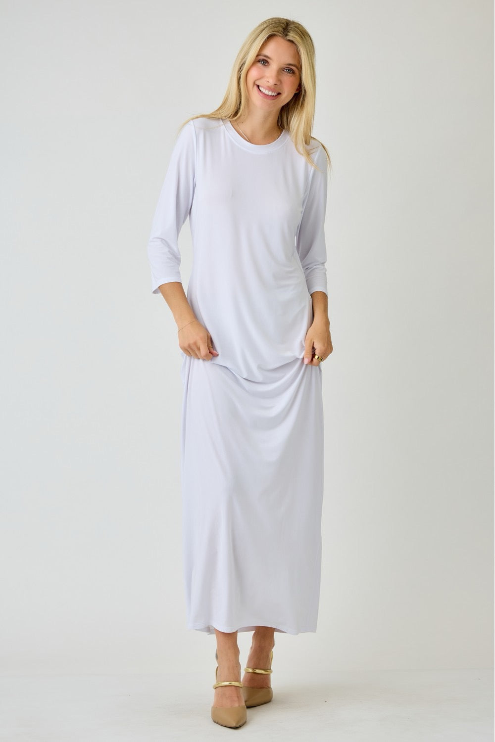 White ladies long sleeve layering maxi dress by Celeste Clothing, shown styled for casual or layered looks.