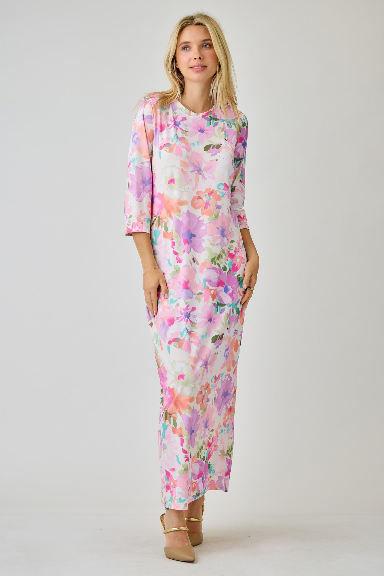 Ladies floral print layering maxi dress by Celeste Clothing, featuring a breezy summer design and flowy silhouette.
