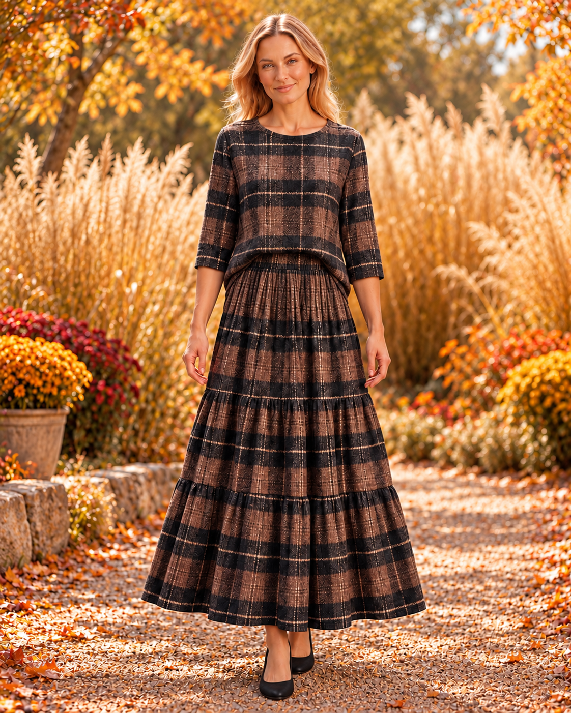 Celeste Brown Checkered coordinating textured knit top and tiered skirt two-piece set
