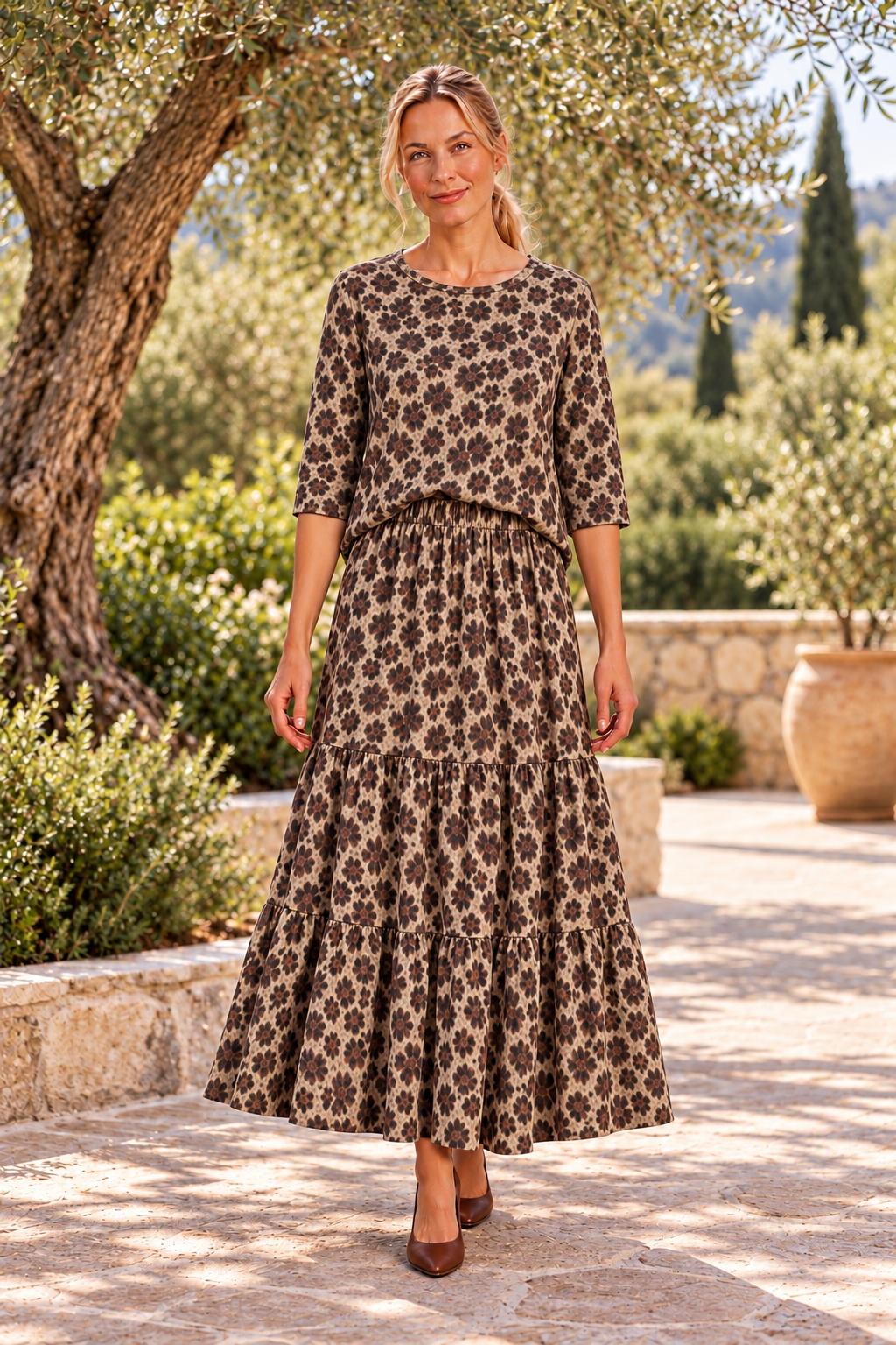 Celeste Leopard coordinating textured knit top and tiered skirt two-piece set