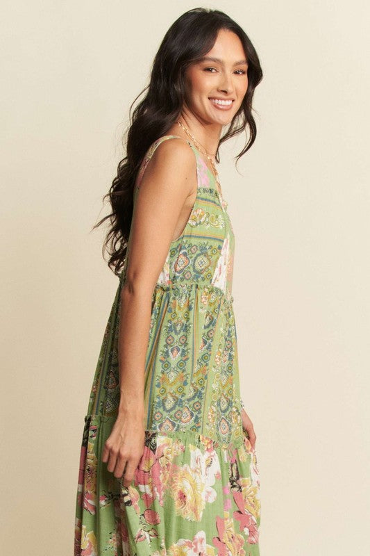 Gorgeous mixed print boho maxi dress from Davi & Dani featuring flowing fabric and vibrant patterns for a stylish summer look.