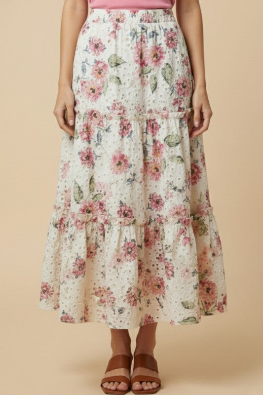 Garden Eyelet Floral Maxi Skirt in Off White floral eyelet fabric detail