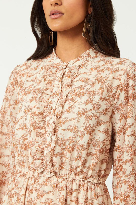 Hayden Los Angeles ruffle placket floral chiffon maxi dress, button-up front, flowing design, perfect for summer or special occasions.