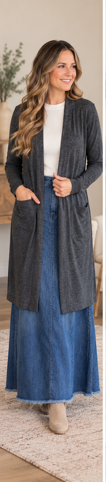 Heathered charcoal gray long sleeve layering cardigan lifestyle image
