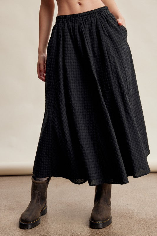 Deep green textured gingham maxi skirt side view