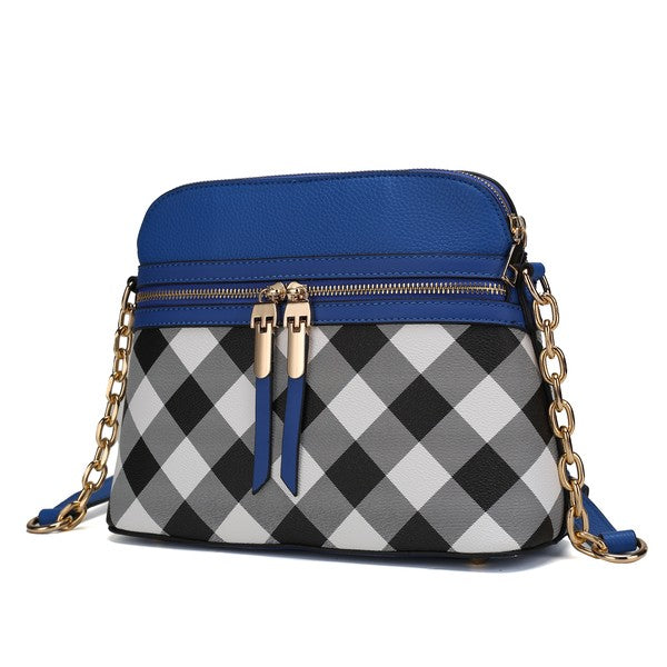 Light blue MKF Collection Suki checkered crossbody bag with spacious pockets and adjustable strap, stylish and functional accessory.