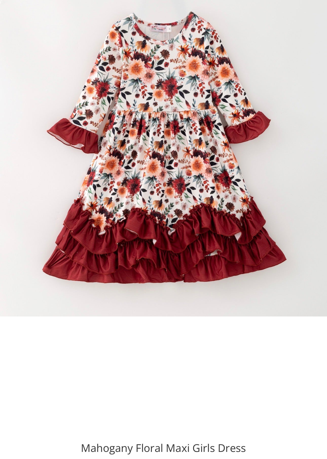 Girls Maxi Mahogany Bouquet long sleeve ruffle dress by ModestAndDevoted, featuring floral print and elegant ruffle details.