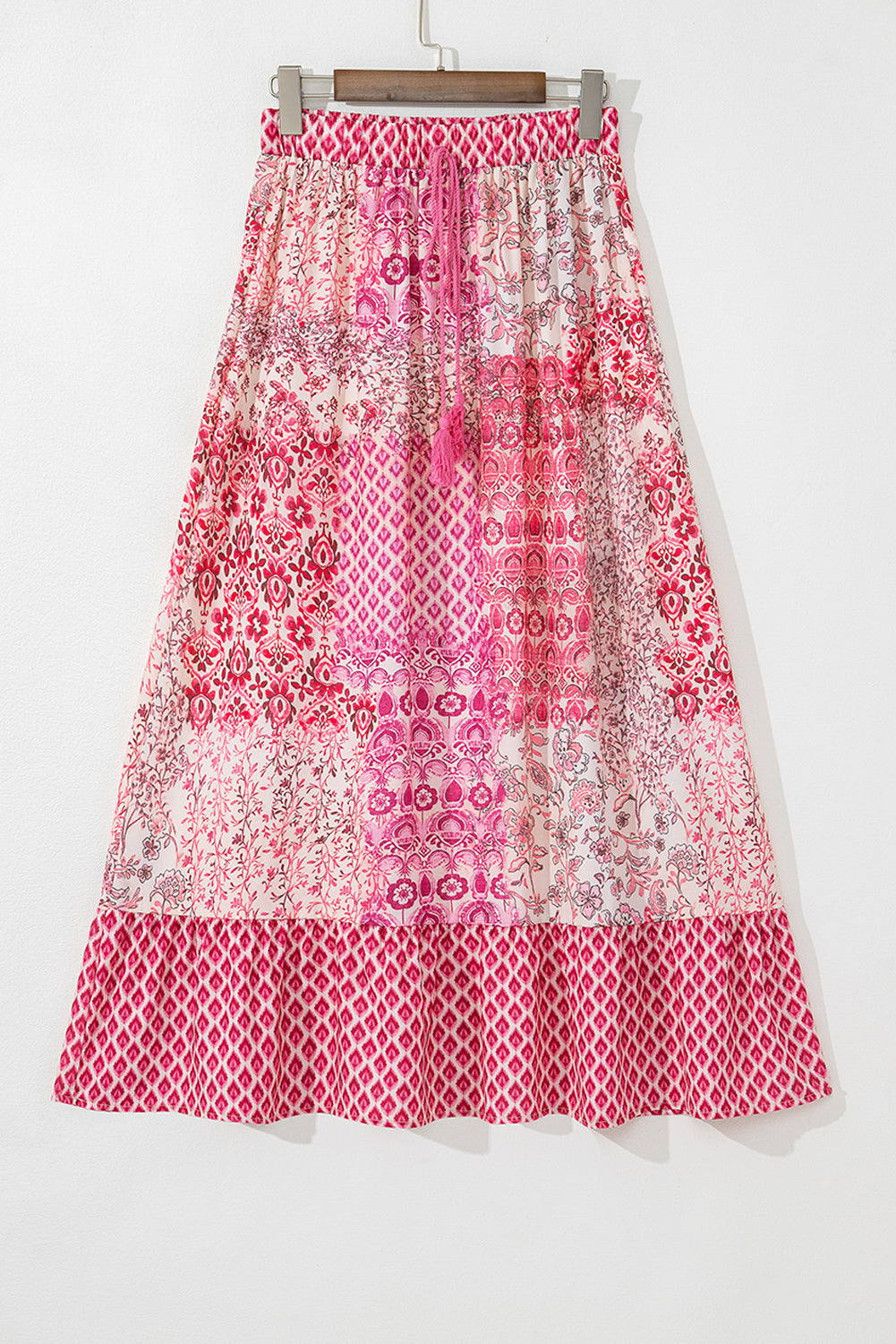 Red boho pattern print maxi dress with tassel drawstring and high waist from ModestAndDevoted, featuring a flowy, elegant design.