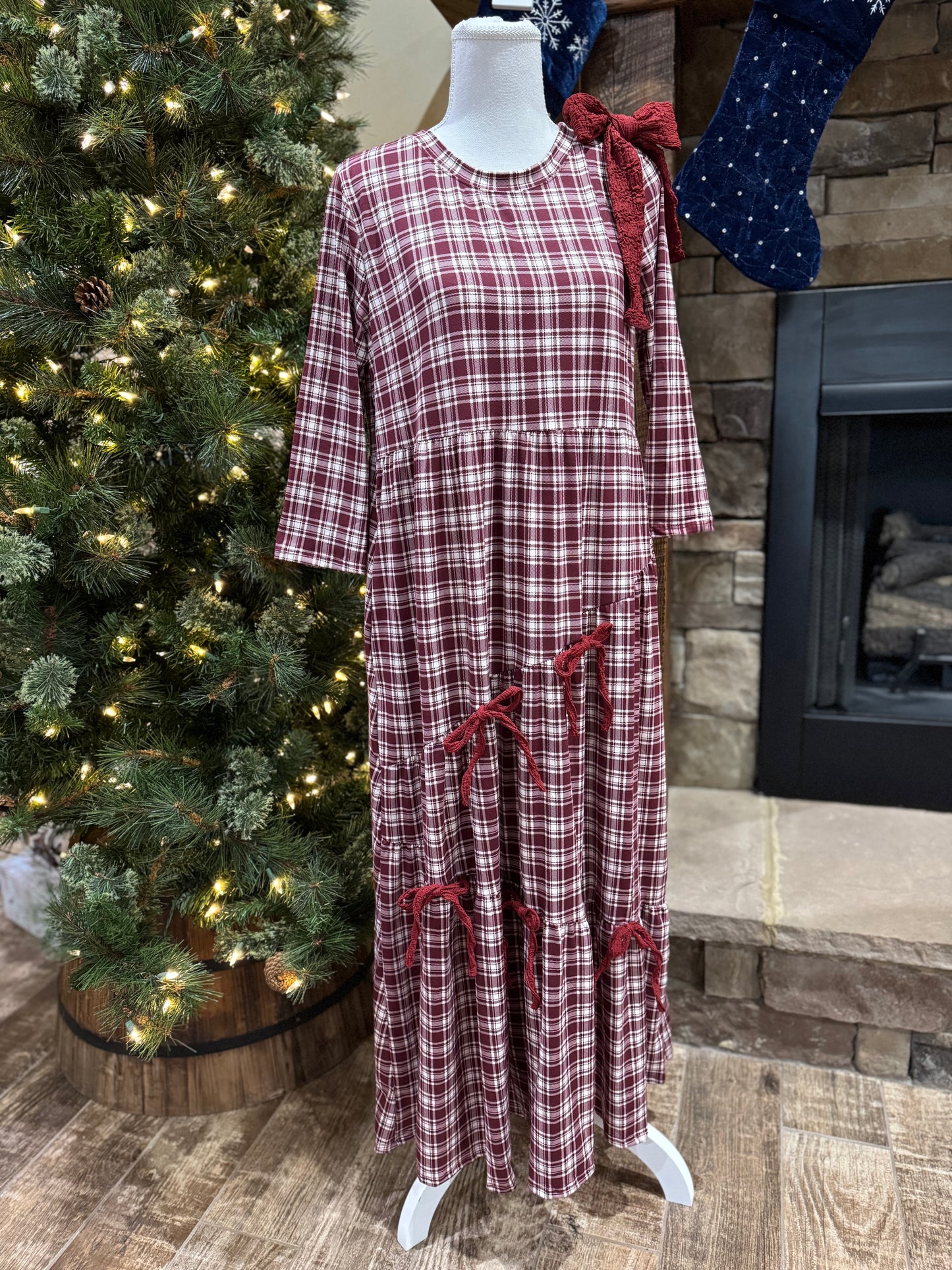 Burgundy plaid and bows 3/4 sleeve dress by ModestAndDevoted, featuring a classic pattern and feminine details.