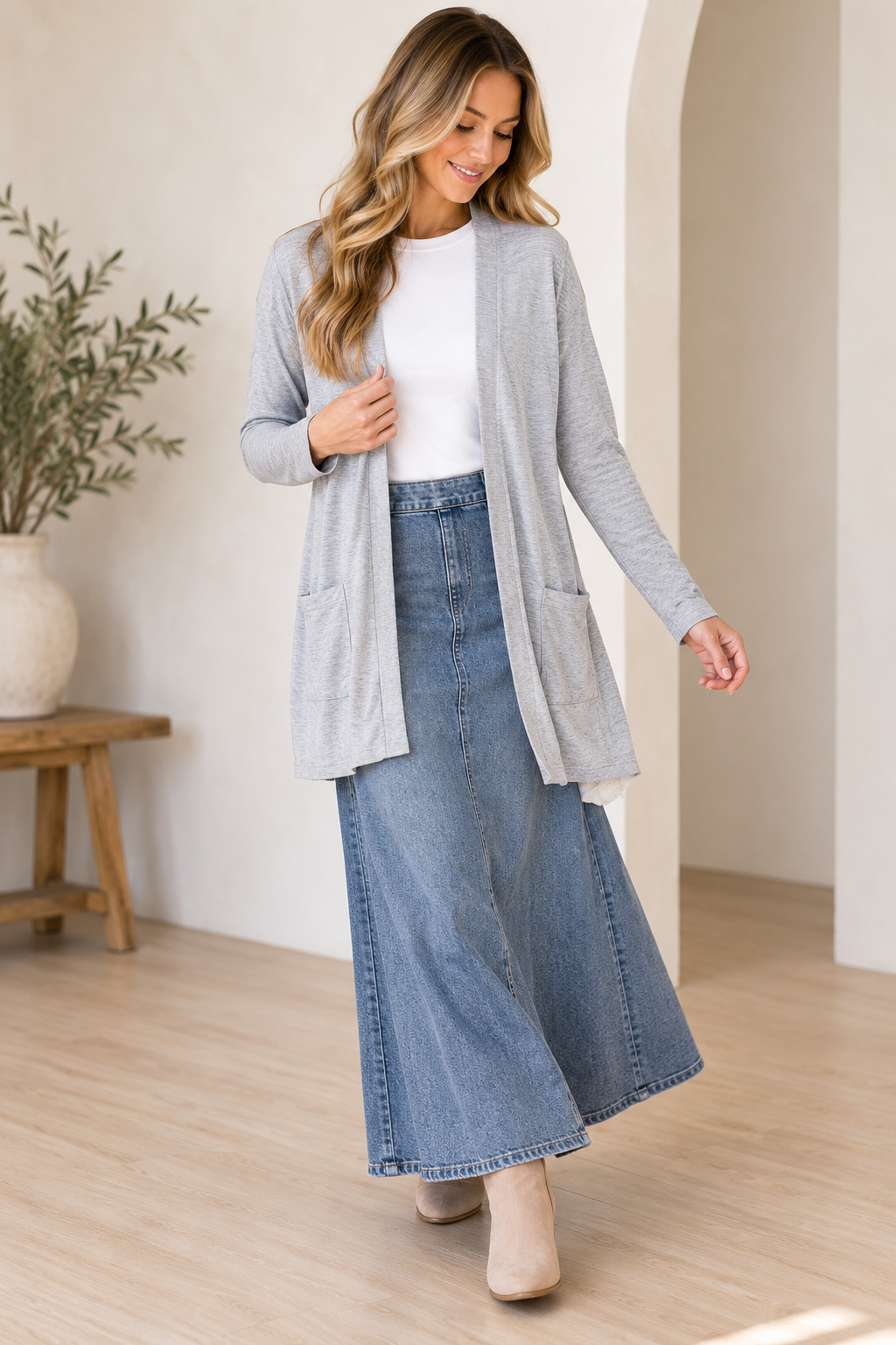 Silver long sleeve layering cardigan by ModestAndDevoted, featuring a lightweight knit and open front design.