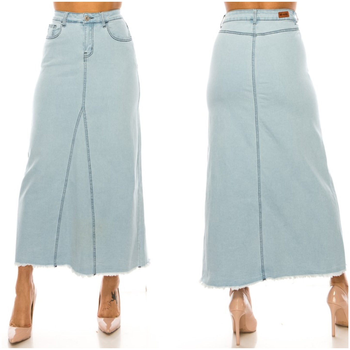 Light wash denim maxi skirt by ModestAndDevoted, Be-Girl plus size skirt in a comfortable, flowing maxi length.