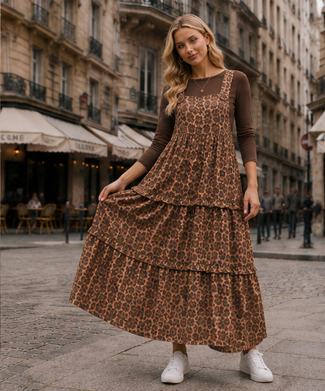 ModestAndDevoted leopard print overall jumper dress for women, featuring a comfy and cute design, perfect for casual wear.