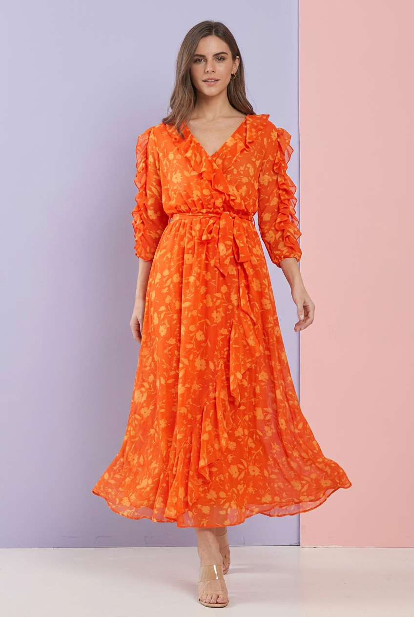 Orange Mist ruffle sleeve chiffon maxi dress by Kate & Lily