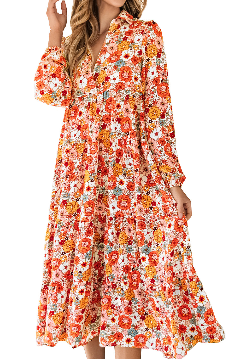 Multicolor boho floral long sleeve ruffled dress by ModestAndDevoted with a collar and sleeves, made of lightweight polyester fabric.