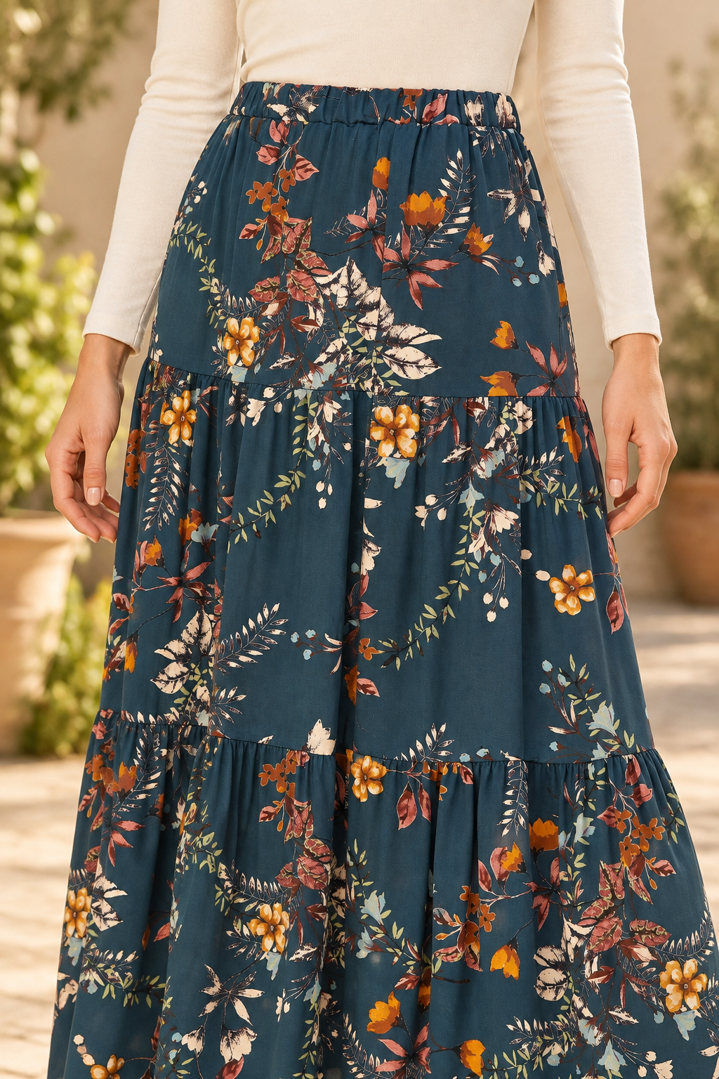 Navy floral three-tier maxi skirt by ModestAndDevoted, flowing fabric with layered design and floral pattern.