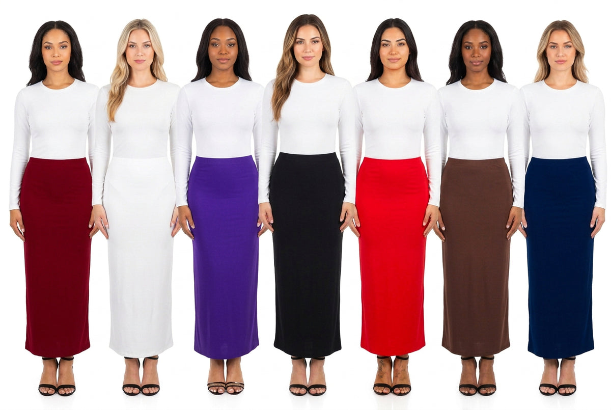Black ITY knit straight pencil skirt by ModestAndDevoted, maxi length, tailored fit, perfect for elegant office or casual wear.