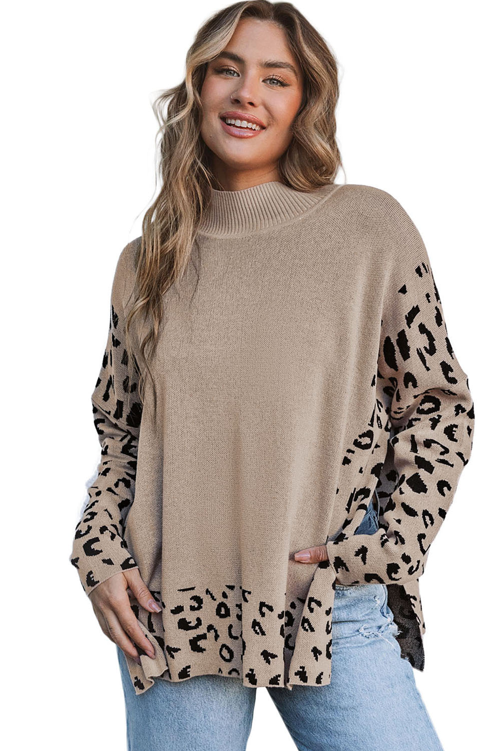 Khaki leopard print oversized sweater with high neck and side slit from ModestAndDevoted, made of acrylic and cotton blend.