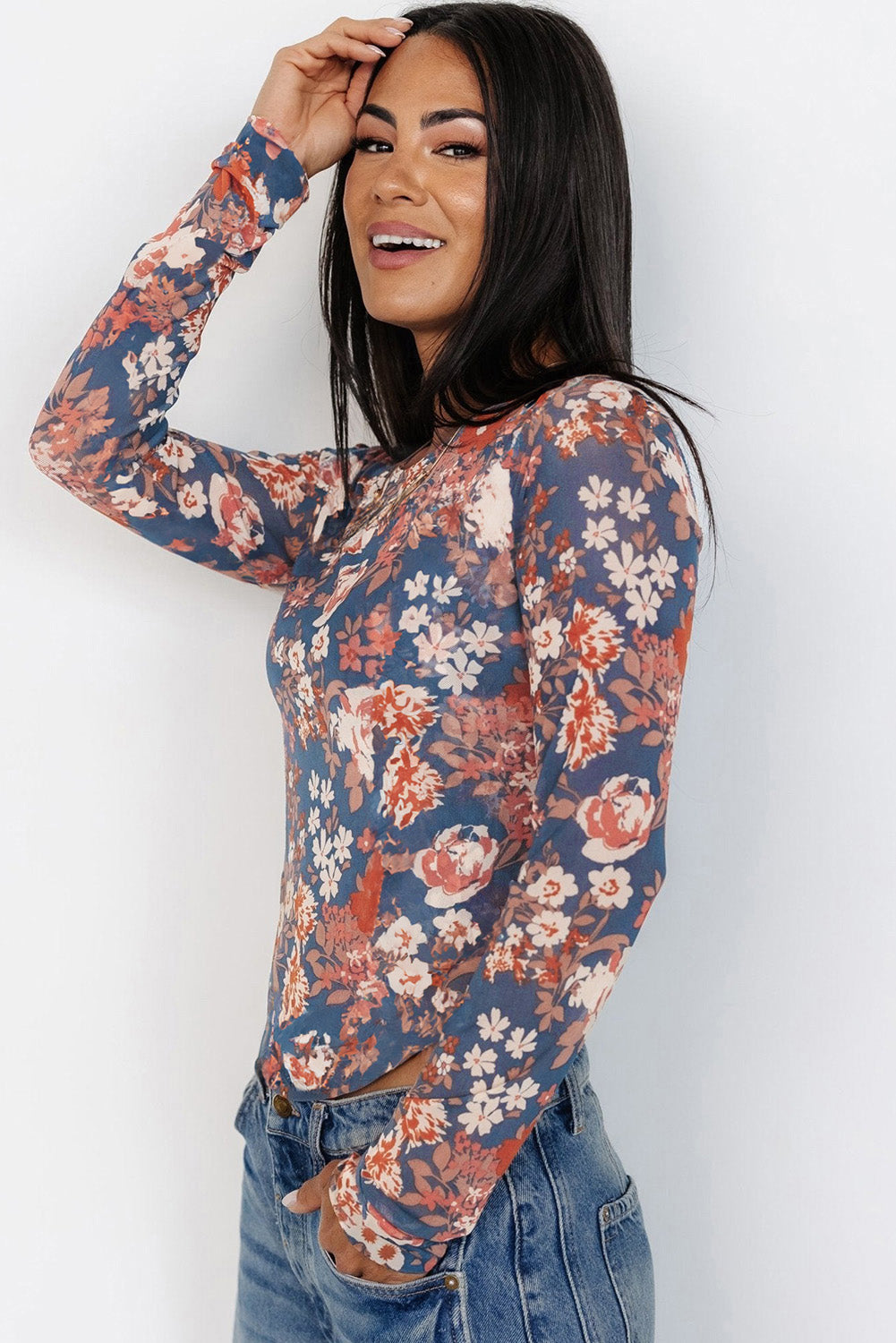 ModestAndDevoted orchid petal floral print mesh long sleeve fitted top, stylish and lightweight for elegant everyday wear.
