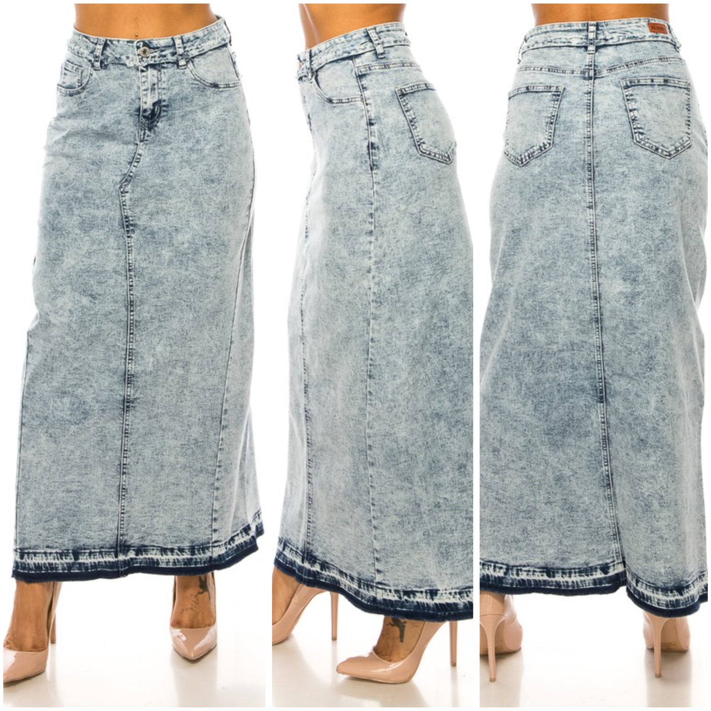 Plus size Be-Girl denim acid wash maxi skirt with raw hem, stylish and casual, by ModestAndDevoted.