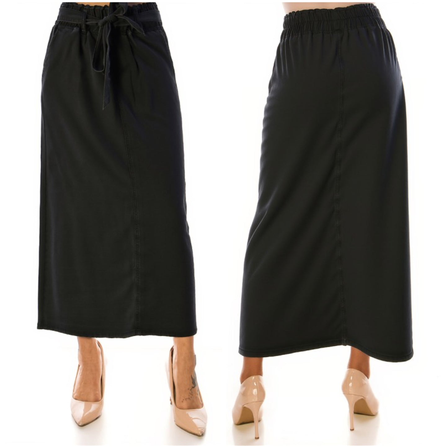 Black Be-Girl denim maxi skirt with elastic tie waist, featuring a stylish, flowy design perfect for casual outfits.