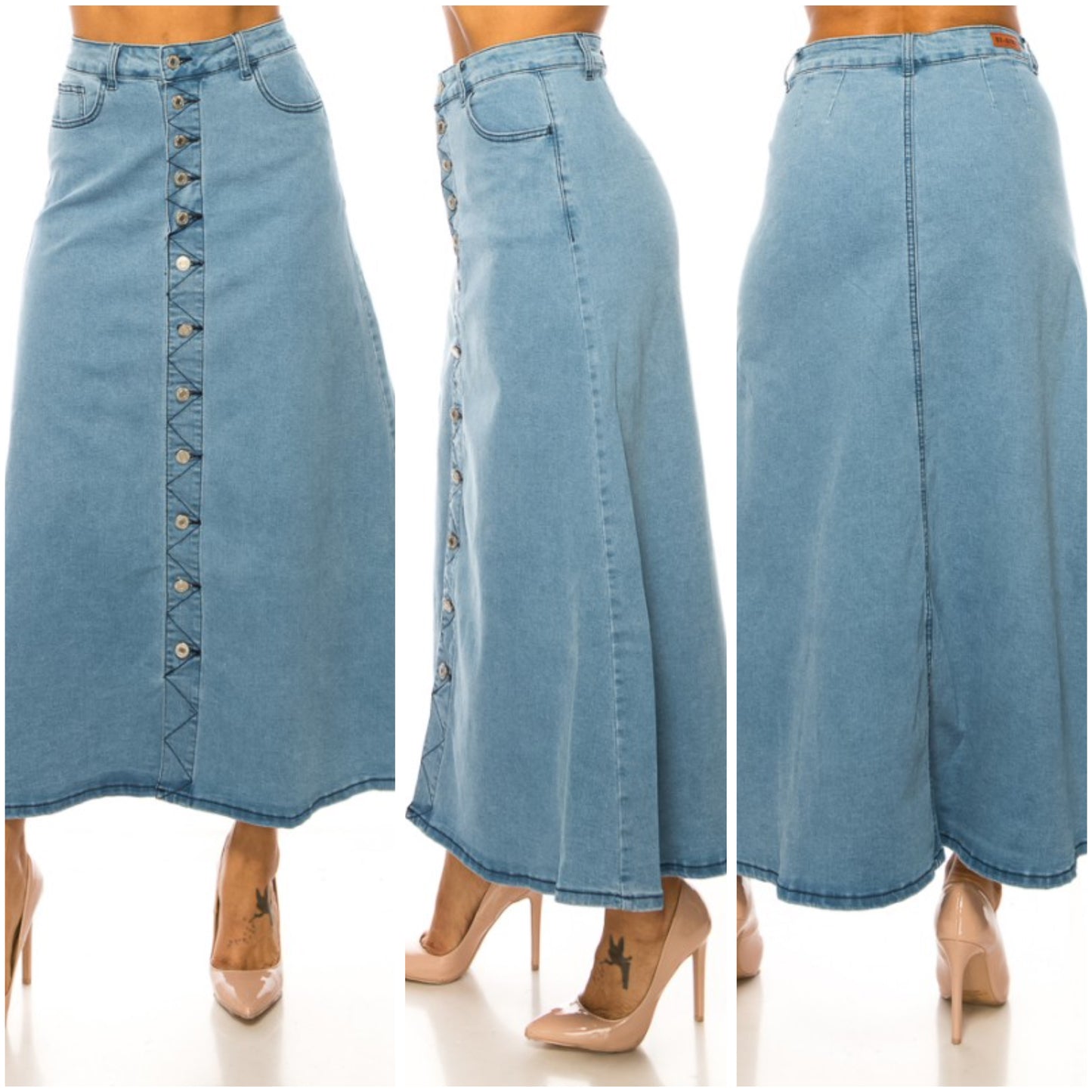 Light wash denim maxi skirt by ModestAndDevoted with button front, designed for plus-size, casual and stylish wear.