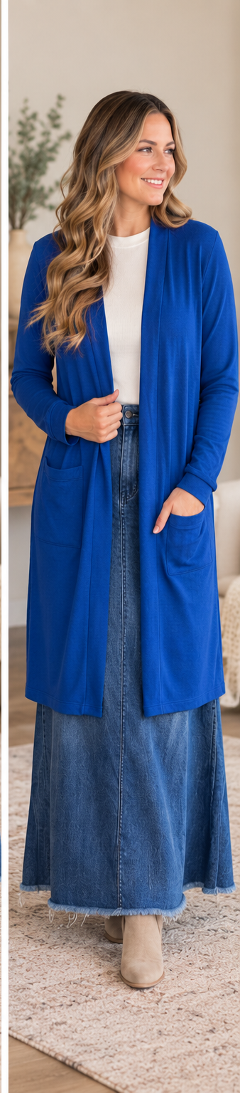 Royal blue long sleeve layering cardigan lifestyle image