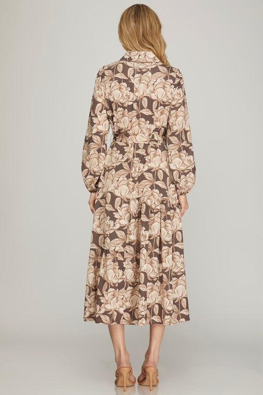 Olive green woven print collared tiered shirt dress by StyleUSA, featuring a relaxed fit and feminine tiered design.