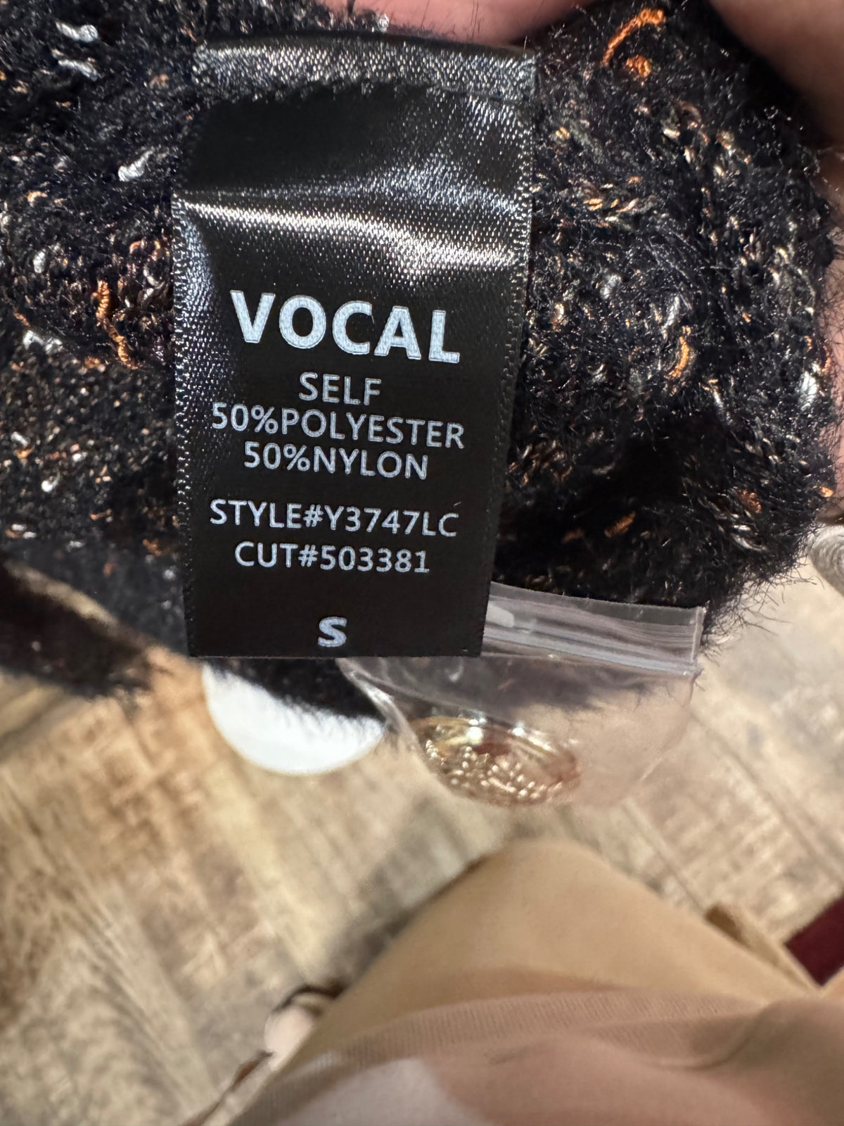 VOCAL black flecked cardigan jacket brand and fabric label