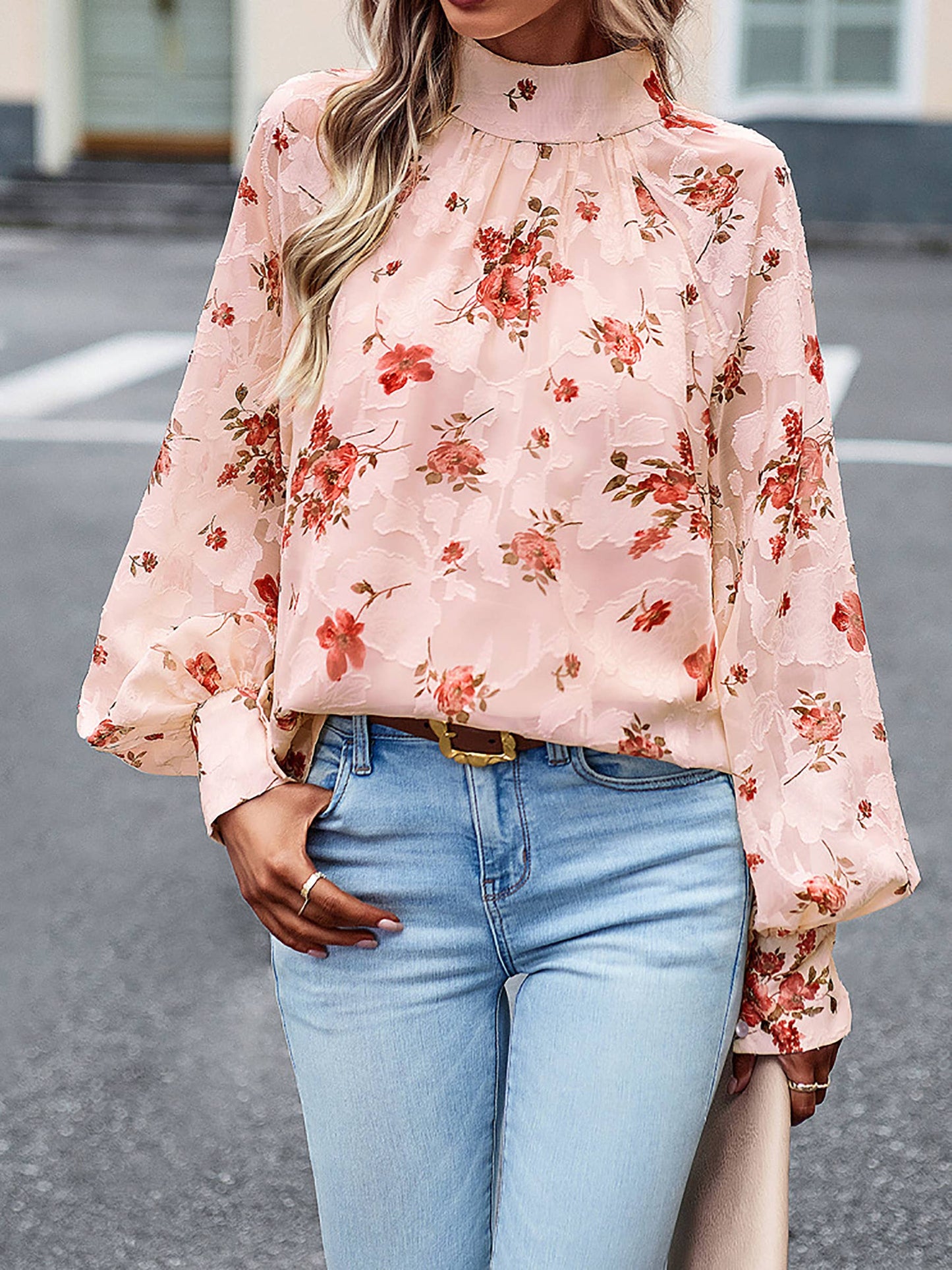 Wholesalesir floral print long sleeve winter blouse in apricot with beige floral pattern, lightweight and stylish for casual wear.