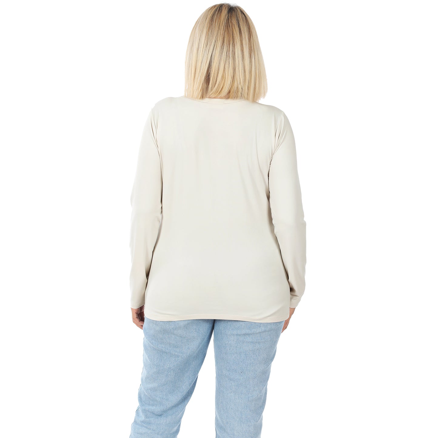 Zenana 2053 Plus Brushed Microfiber Long Sleeve Round Neck Tee Top in Bone White, soft layering shirt for women.