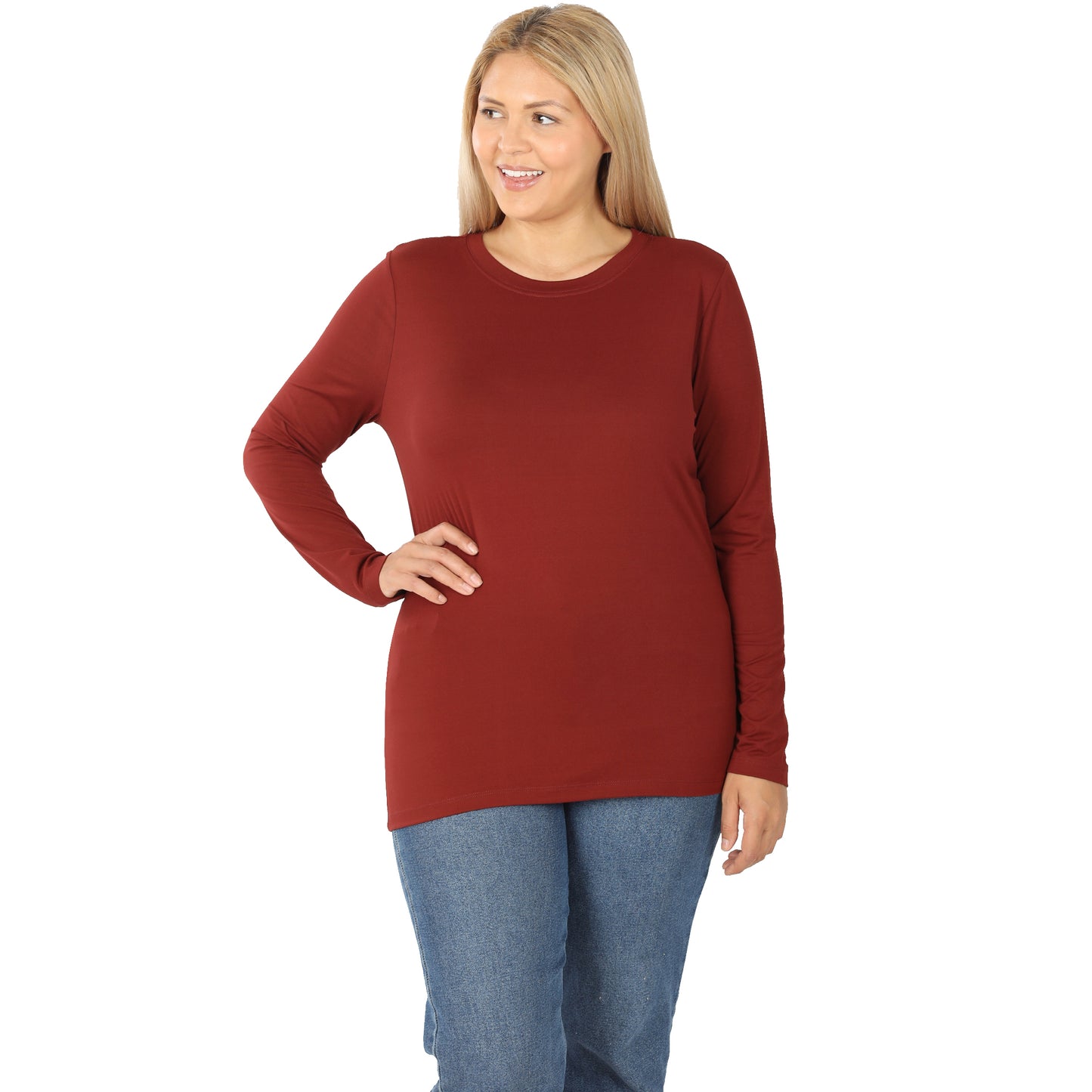 Zenana brushed microfiber long sleeve layering shirt in brick, round neck, soft and comfortable for casual wear.