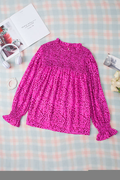 Rose Leopard Shirred Puff Sleeve Flowy Blouse