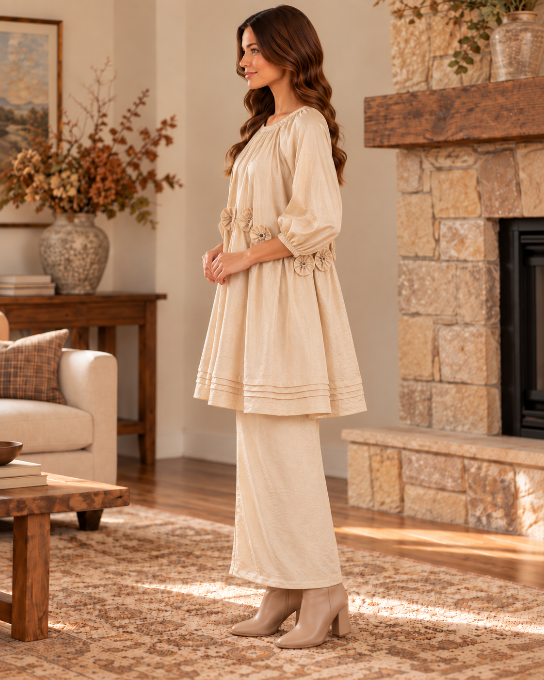 HEYSON Champagne Tencel Floral Appliqué Dress & Tunic lifestyle view 2