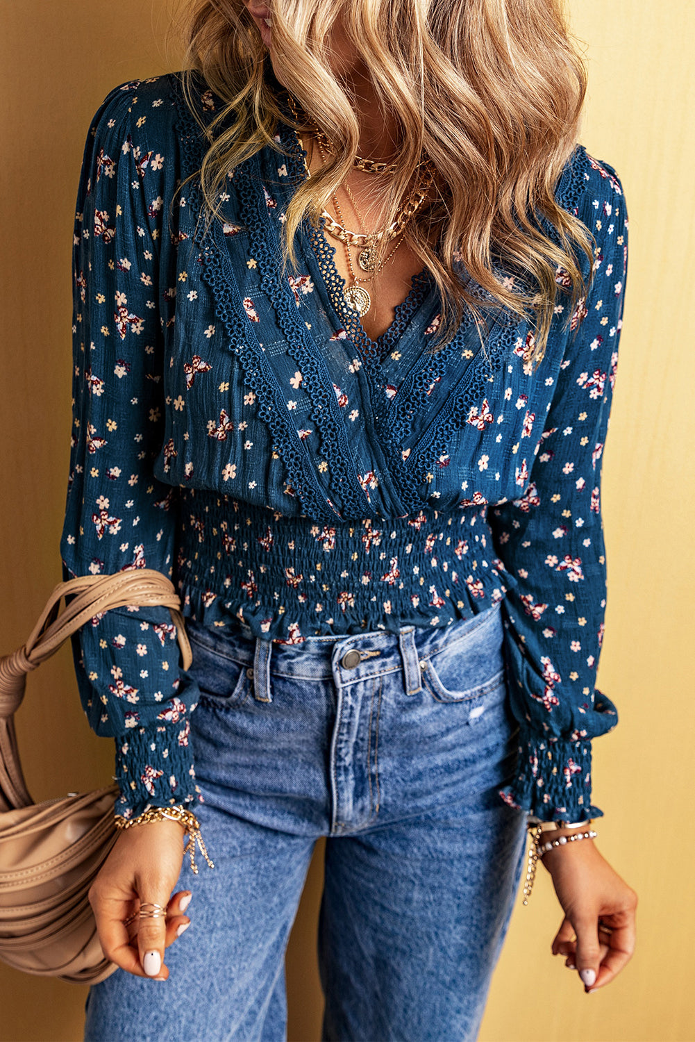 Blue Lace Trim V Neck Floral Smocked Long Sleeve Blouse